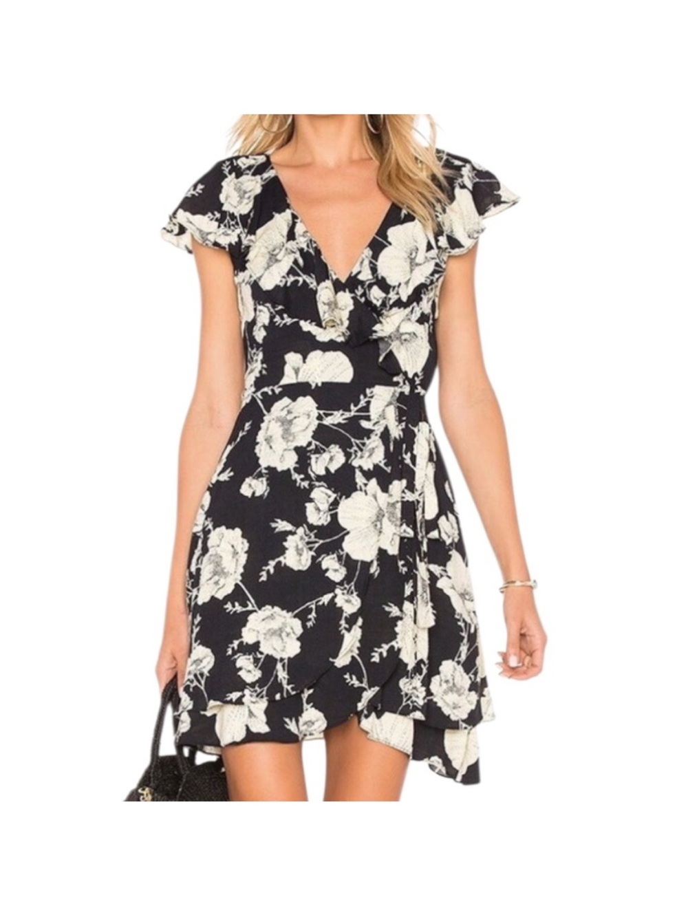 Free People Black Wrap Mini Dress with White Floral Print.  Size L.